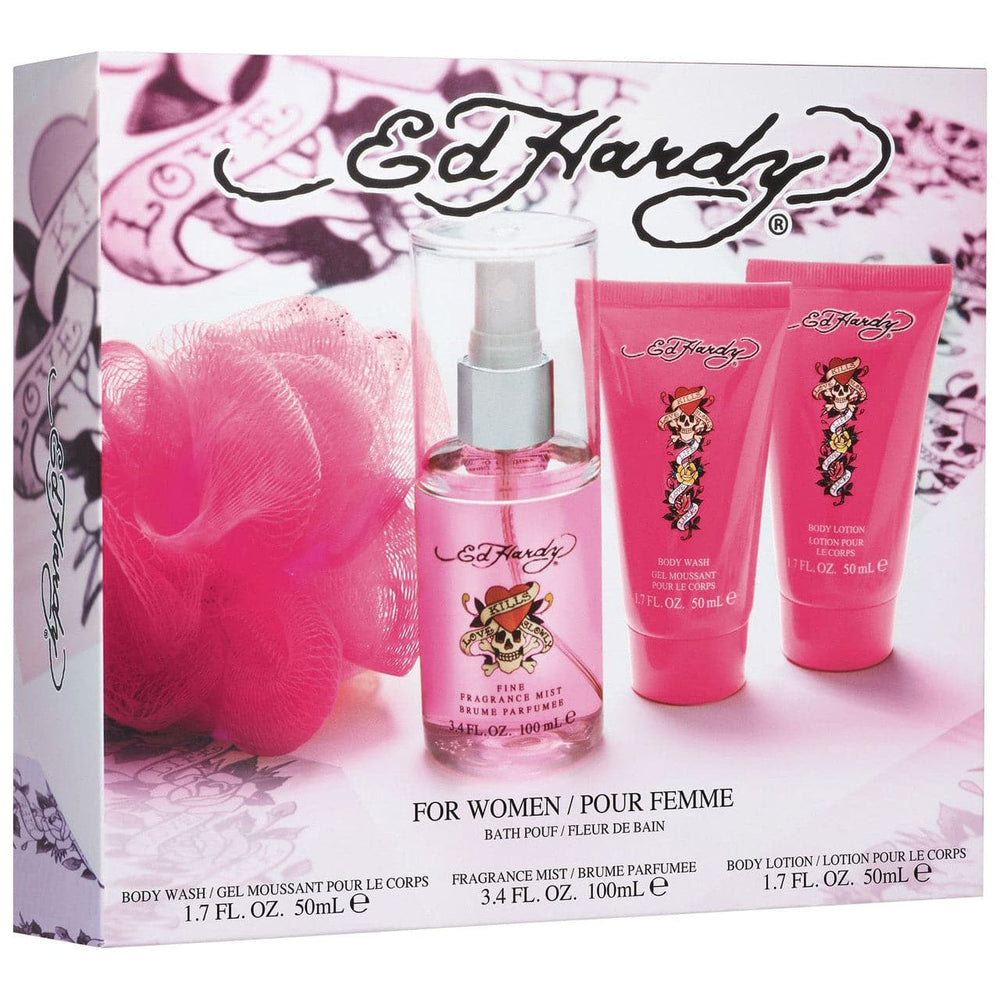 ED HARDY 4 PCS SET FOR WOMEN: 3.4 FRAGRANCE MIST + 1.7 BODY LOTION + 1.7 BODY WASH + BATH POUF - Premium Shop All from ED HARDY - Just $16! Shop now at namebrandcities brought to you by los tres amigos discounts inc 